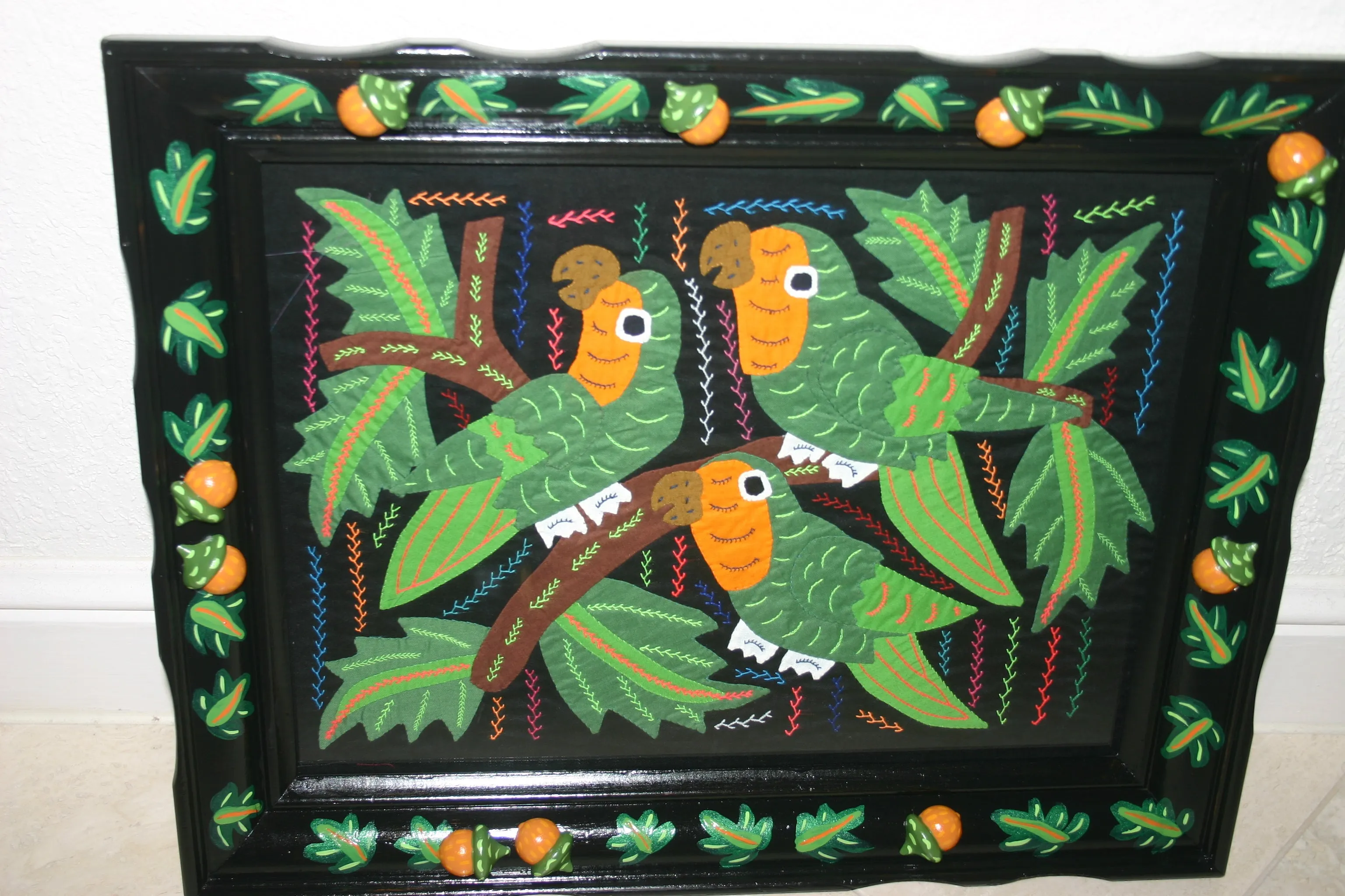 A Kuna Indian Folk Art Mola from San Blas Islands, Panama in Custom Frame, Under Glass & Double Mats. Hand Stitched Applique: Colorful Butterfly  17" X 14" (DFM1) WALL DECOR