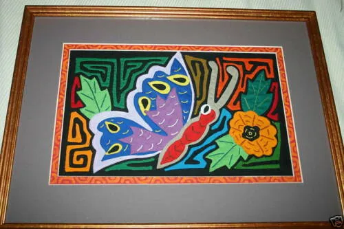 A Kuna Indian Folk Art Mola from San Blas Islands, Panama in Custom Frame, Under Glass & Double Mats. Hand Stitched Applique: Colorful Butterfly  17" X 14" (DFM1) WALL DECOR