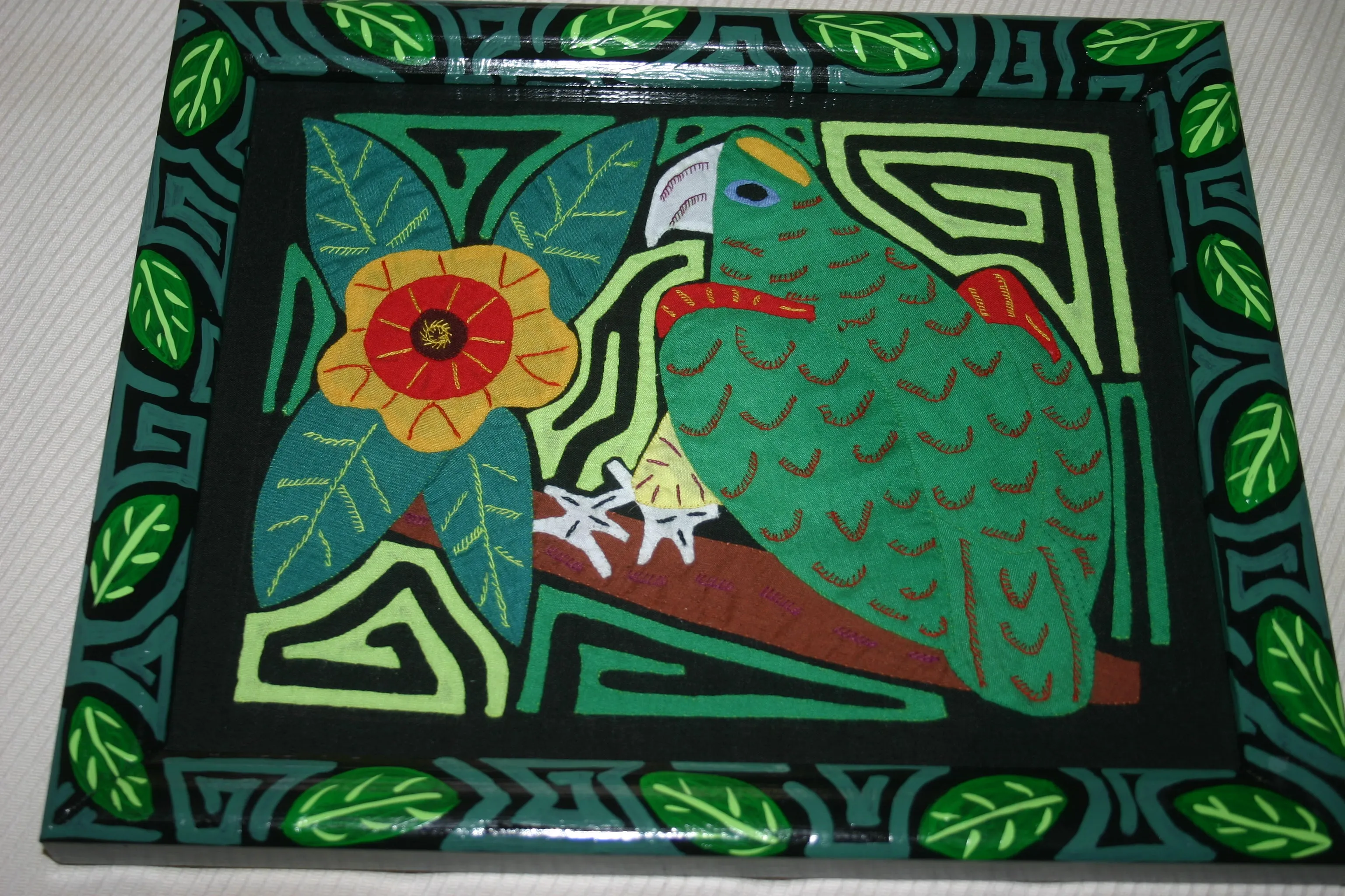 A Kuna Indian Folk Art Mola from San Blas Islands, Panama in Custom Frame, Under Glass & Double Mats. Hand Stitched Applique: Colorful Butterfly  17" X 14" (DFM1) WALL DECOR