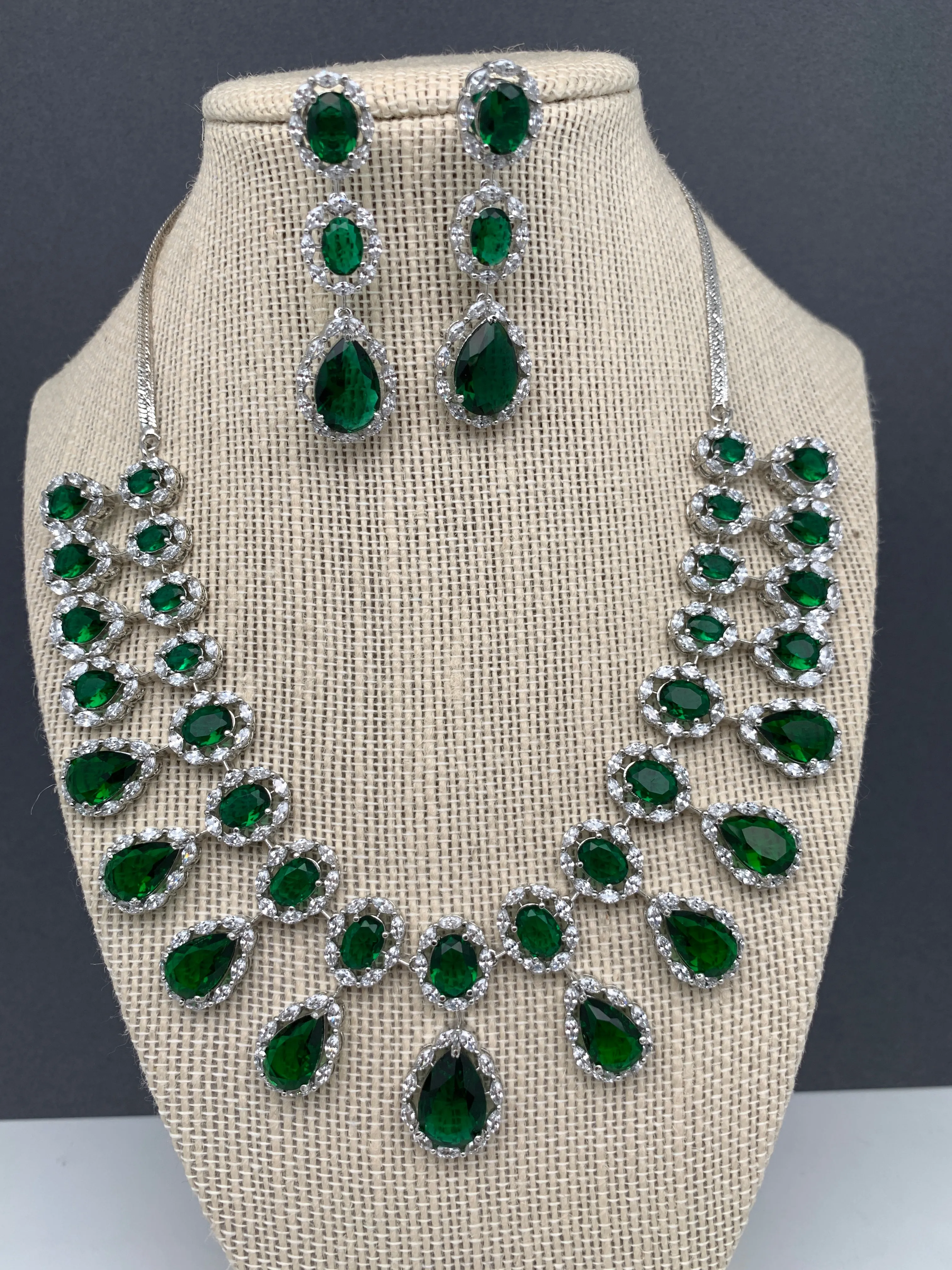 AD Green Doublet Stone Silver Finish Short Necklace