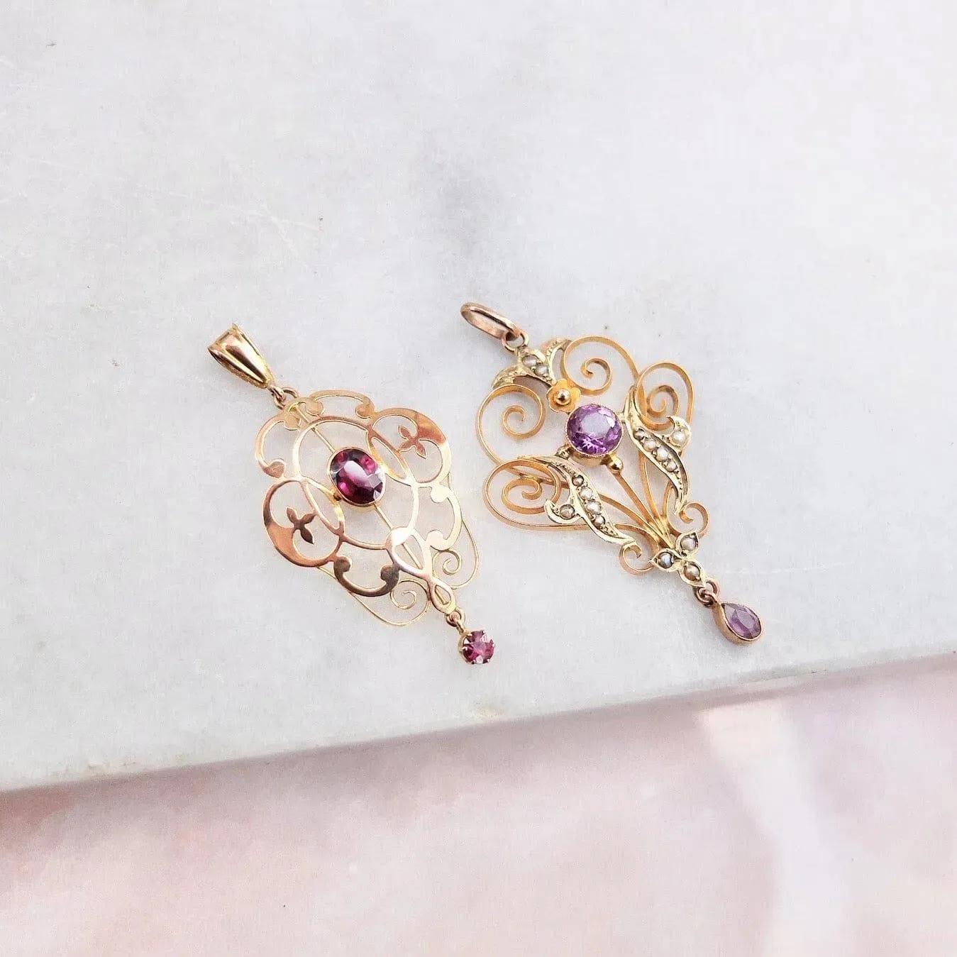 Antique Edwardian Garnet 9ct Gold Pendant Necklace