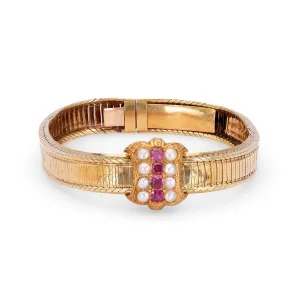 Antique French 18k Yellow Gold Ruby Pearl Bracelet