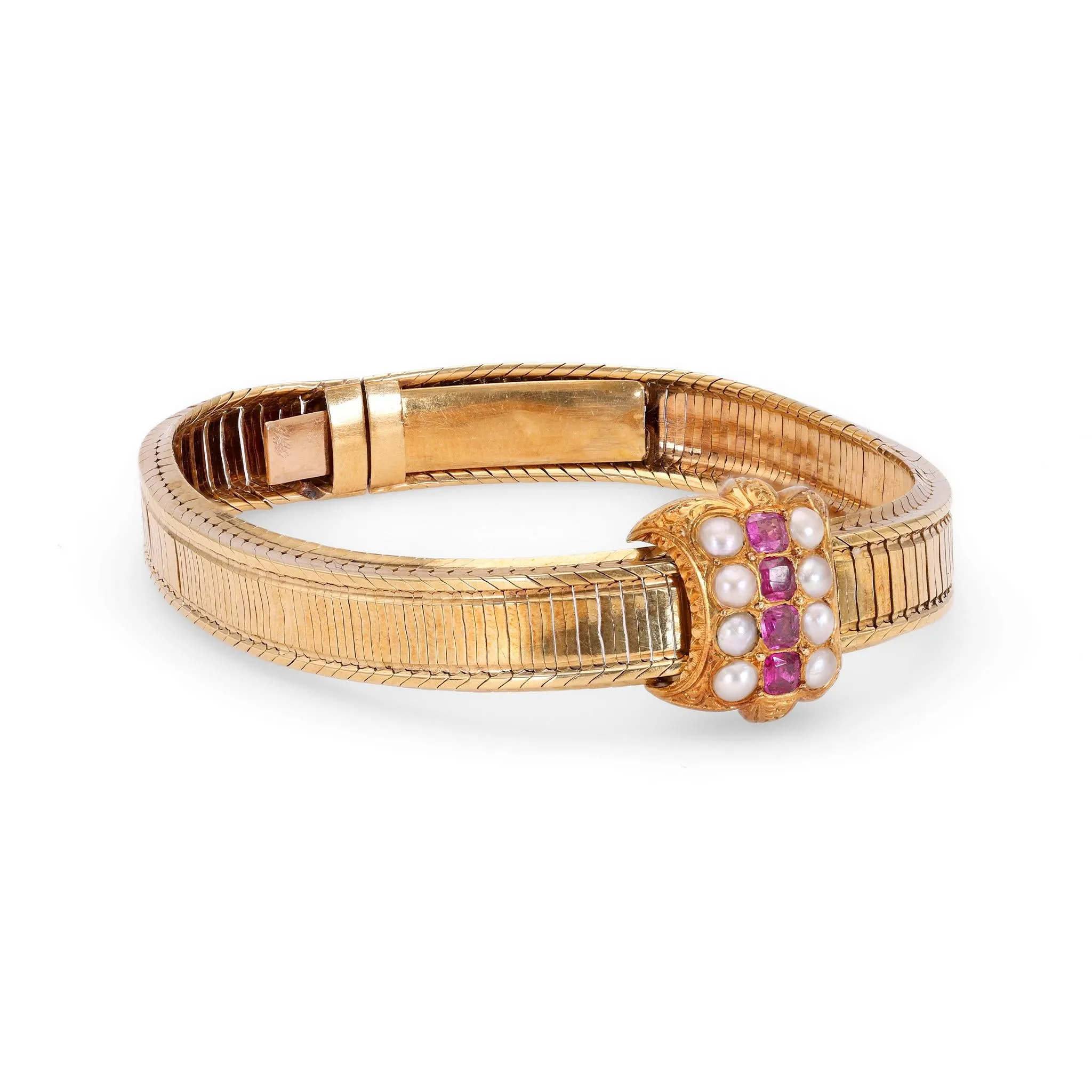 Antique French 18k Yellow Gold Ruby Pearl Bracelet