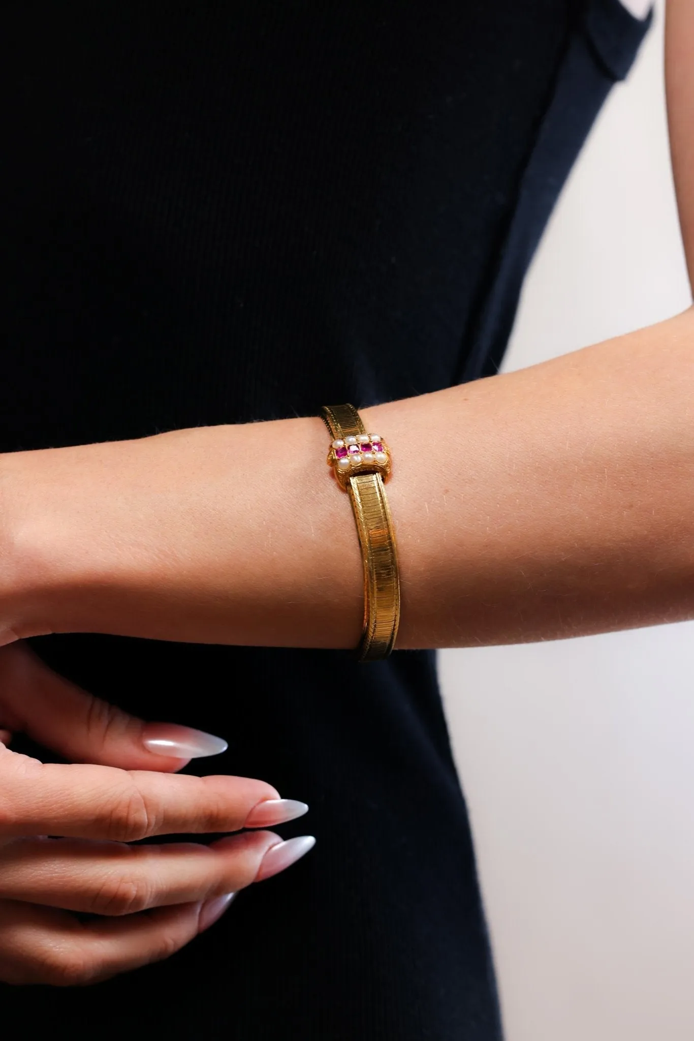 Antique French 18k Yellow Gold Ruby Pearl Bracelet