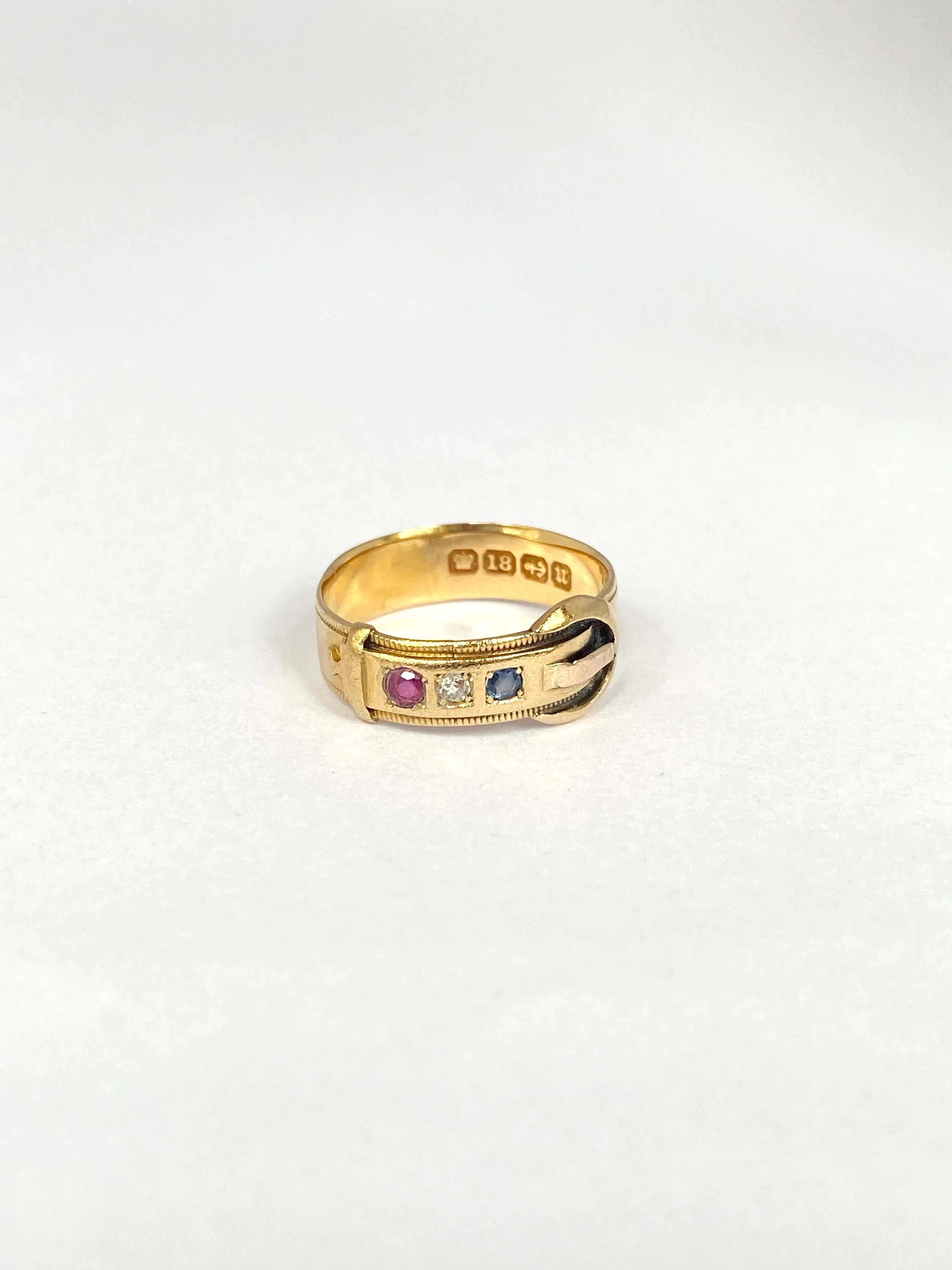 Antique, Victorian 18ct Gold Ruby, Sapphire and Diamond Tricolour Buckle Ring, Hallmarked 1904