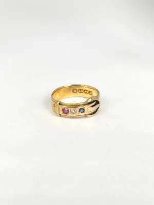 Antique, Victorian 18ct Gold Ruby, Sapphire and Diamond Tricolour Buckle Ring, Hallmarked 1904
