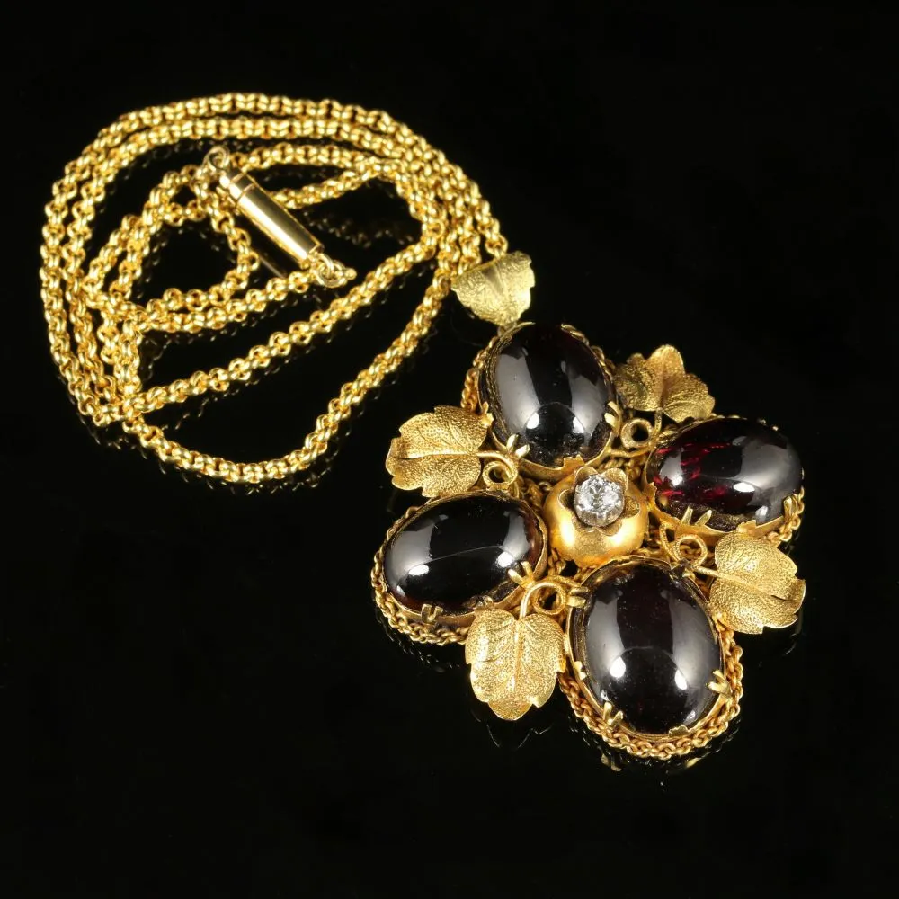 Antique Victorian Garnet Diamond Pendant 18Ct Gold Necklace Circa 1900