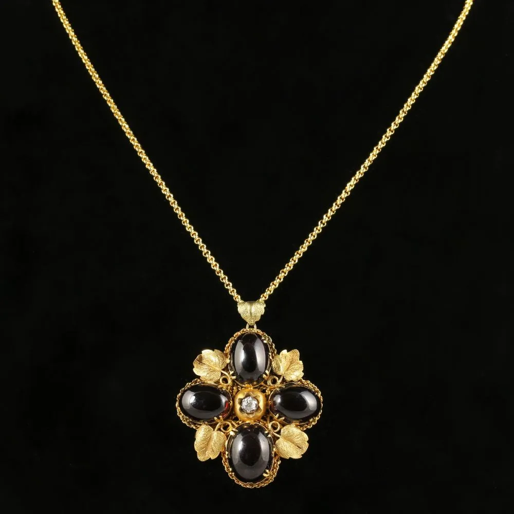 Antique Victorian Garnet Diamond Pendant 18Ct Gold Necklace Circa 1900