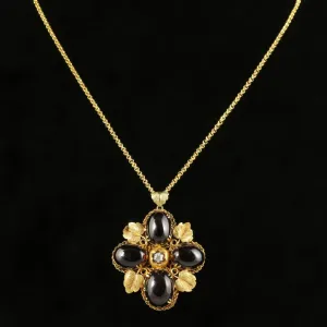 Antique Victorian Garnet Diamond Pendant 18Ct Gold Necklace Circa 1900