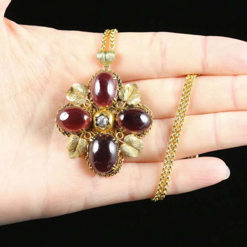 Antique Victorian Garnet Diamond Pendant 18Ct Gold Necklace Circa 1900
