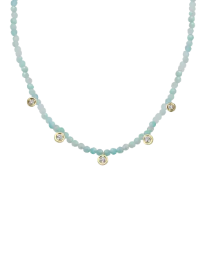 Apatite Gemstone & Five diamonds Necklace - 14K Yellow Gold