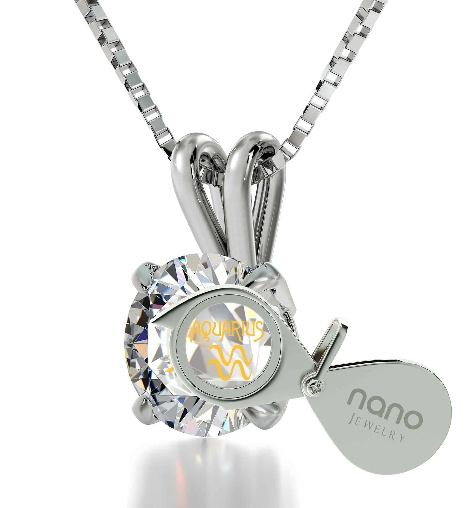 Aquarius Sign, 14k White Gold Necklace, Swarovski