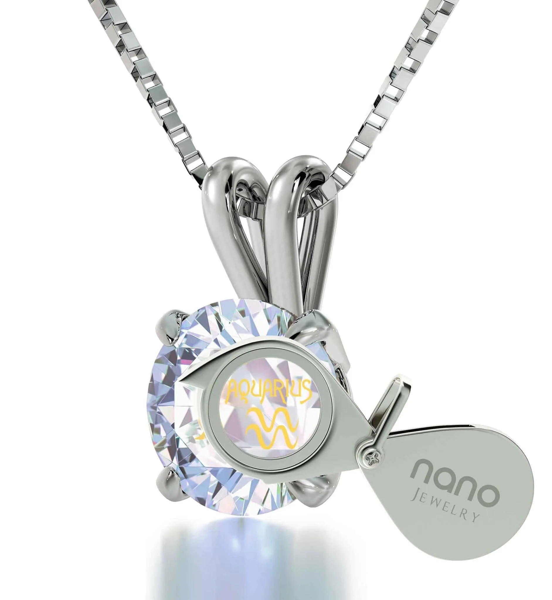 Aquarius Sign, 14k White Gold Necklace, Swarovski