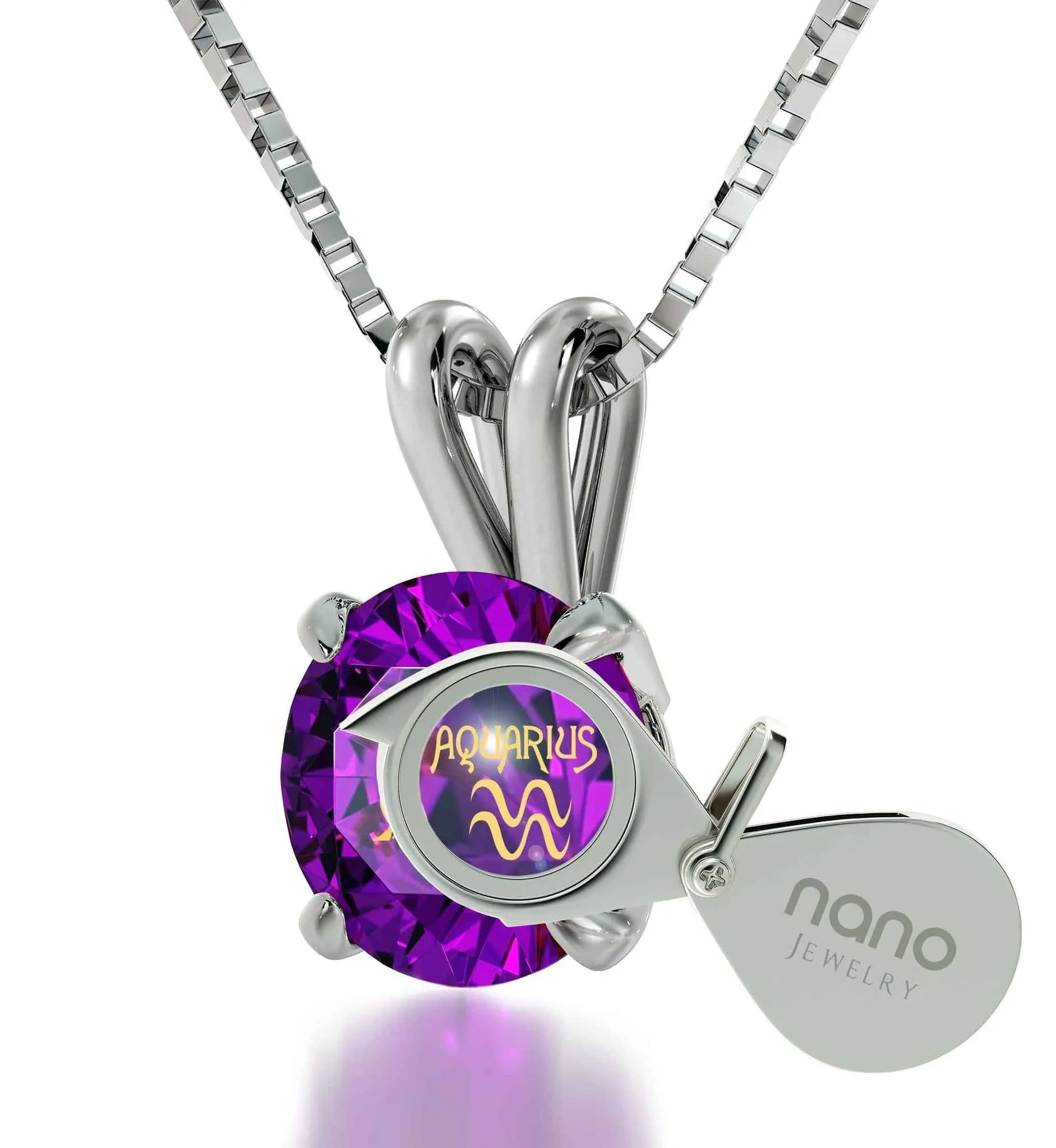 Aquarius Sign, 14k White Gold Necklace, Swarovski