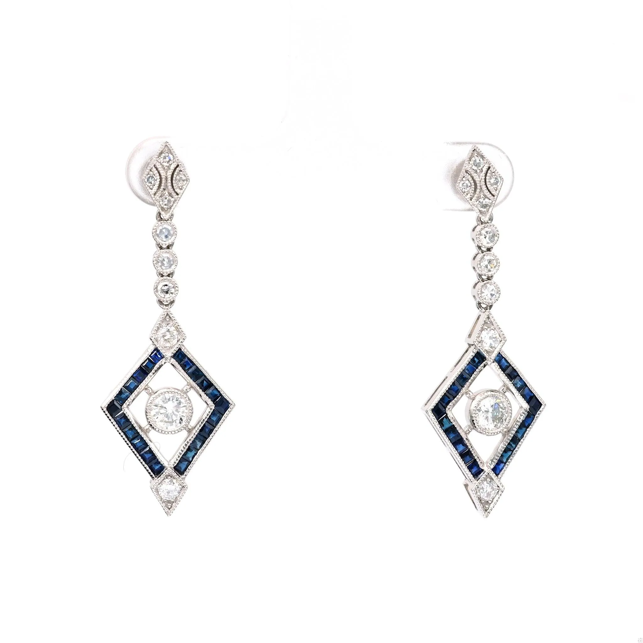 Art Deco Inspired Diamond Sapphire Platinum Dangle Earrings