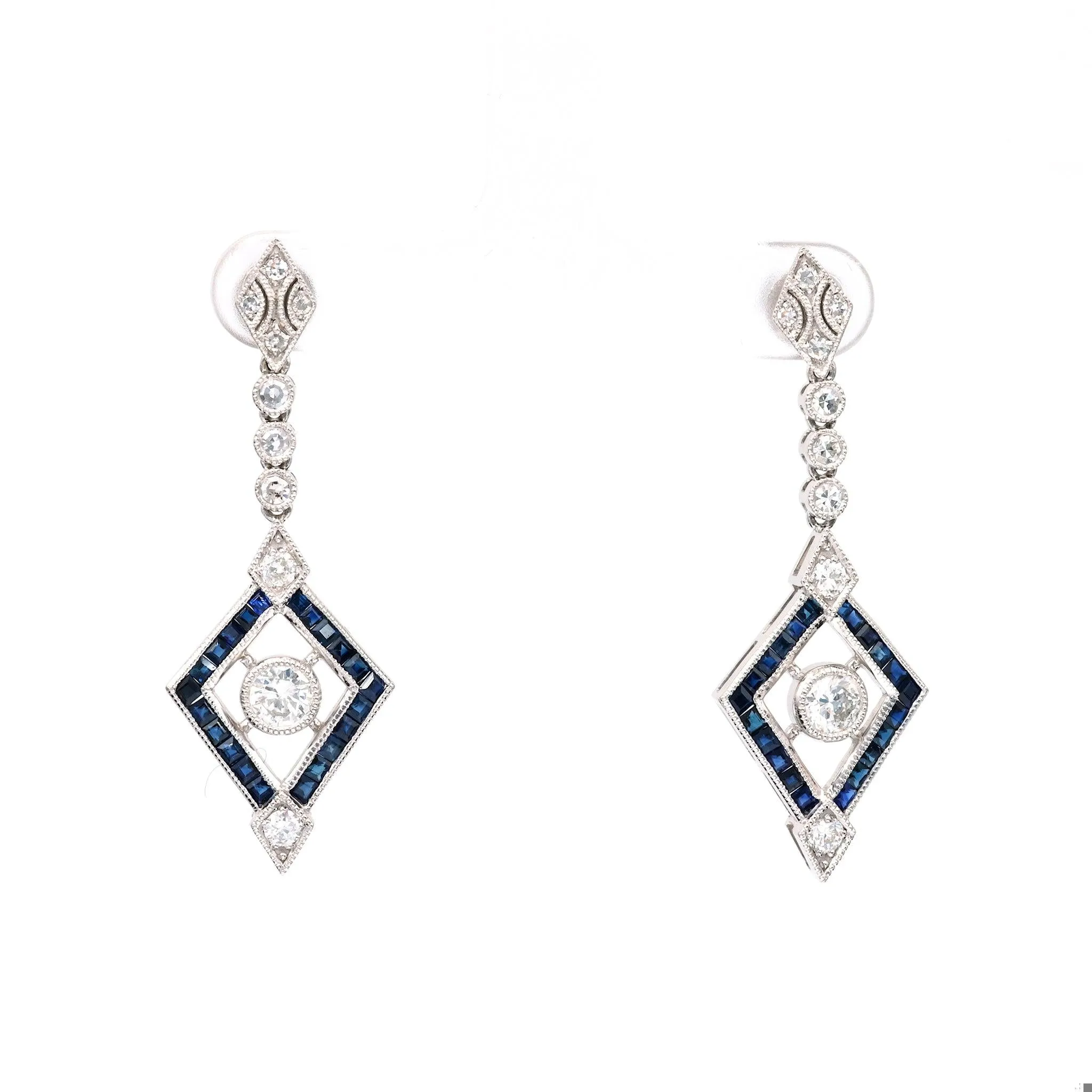 Art Deco Inspired Diamond Sapphire Platinum Dangle Earrings