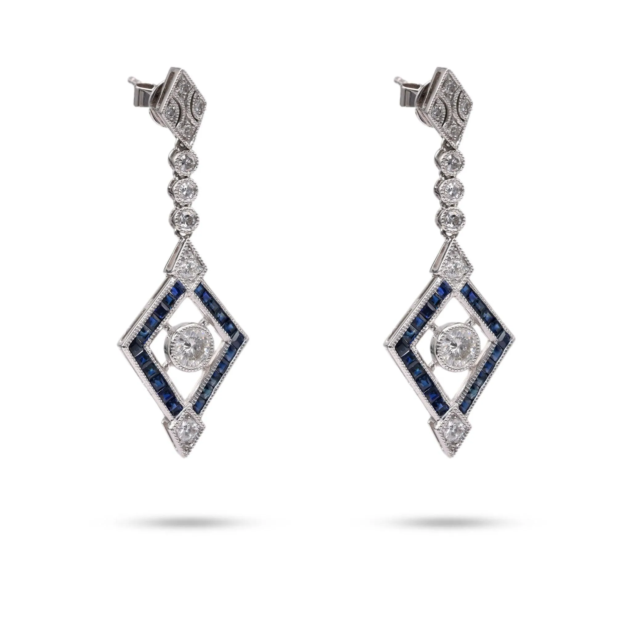 Art Deco Inspired Diamond Sapphire Platinum Dangle Earrings