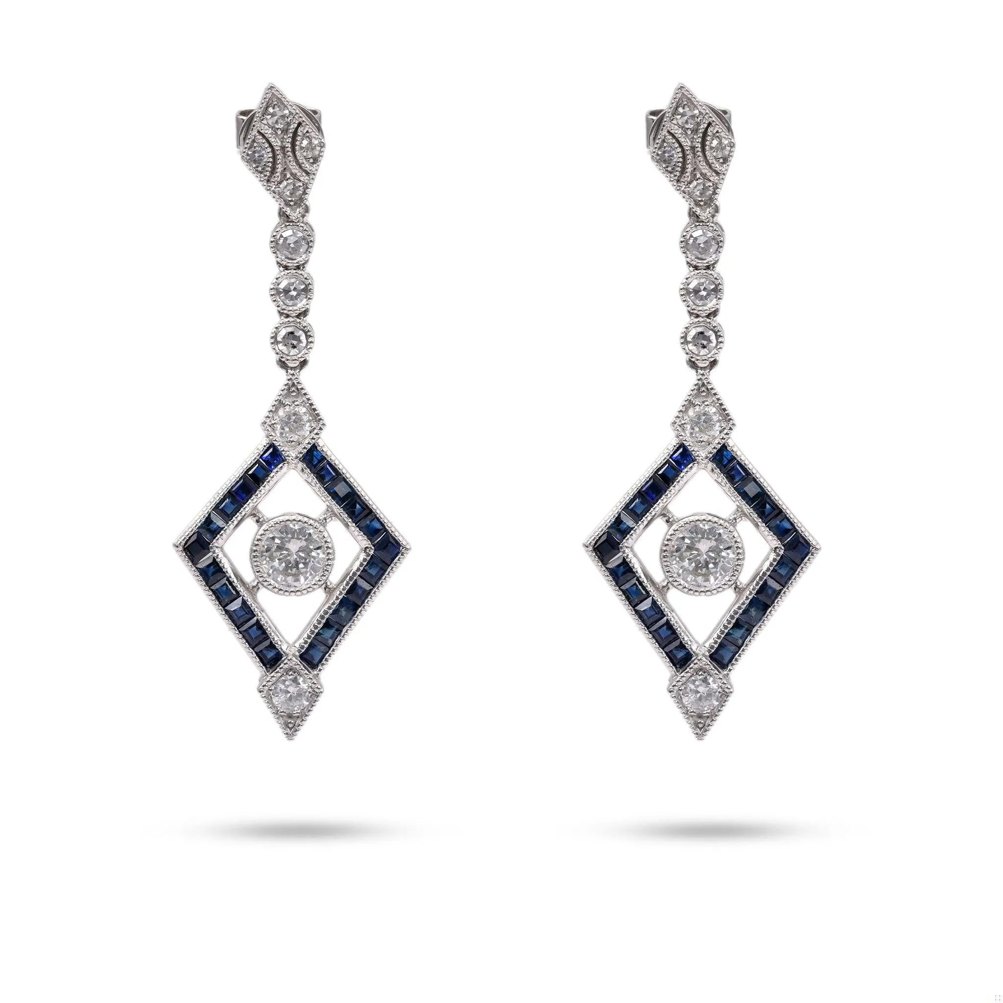 Art Deco Inspired Diamond Sapphire Platinum Dangle Earrings