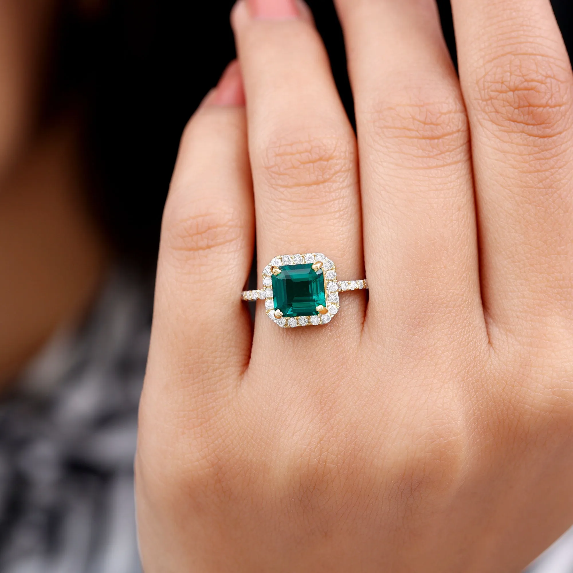 Asscher Cut Created Emerald Halo Engagement Ring with Diamond