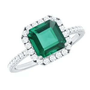 Asscher Cut Created Emerald Halo Engagement Ring with Diamond