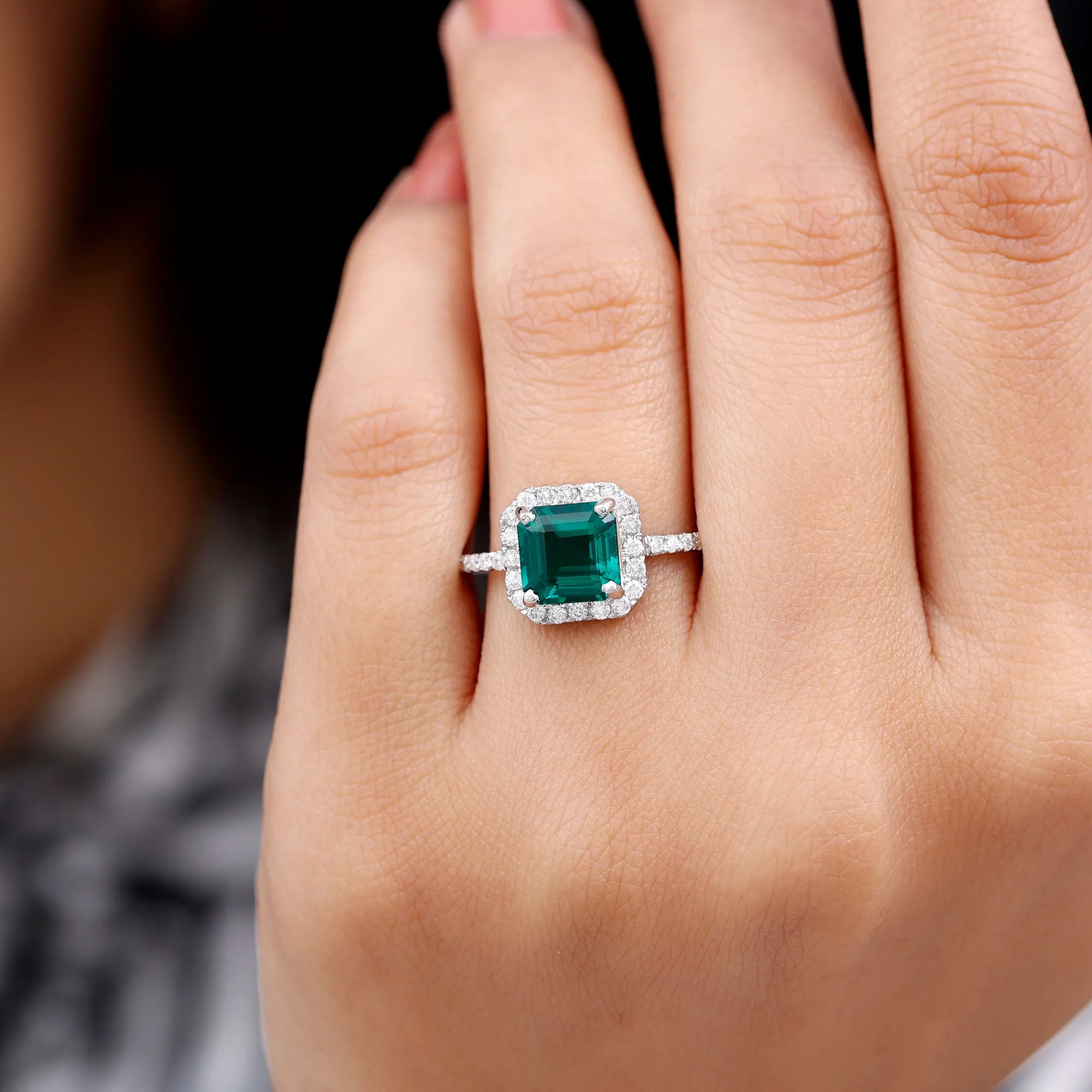 Asscher Cut Created Emerald Halo Engagement Ring with Diamond