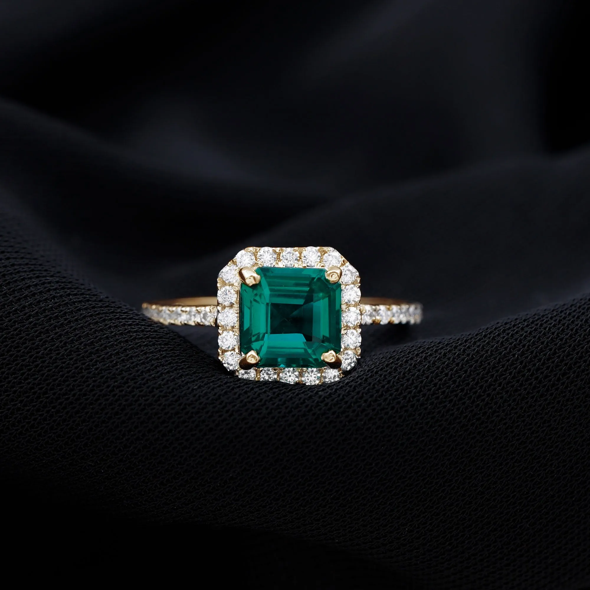 Asscher Cut Created Emerald Halo Engagement Ring with Diamond