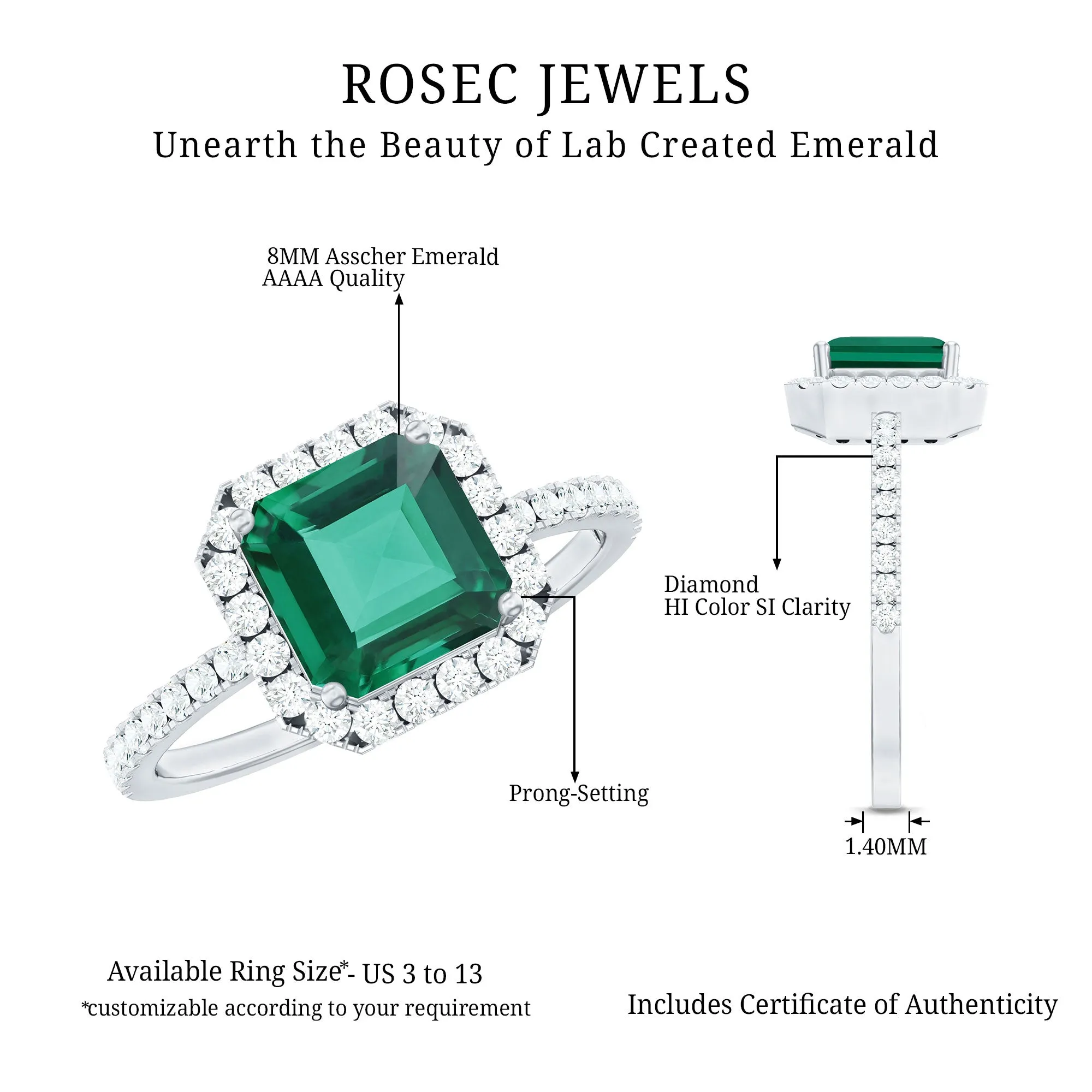 Asscher Cut Created Emerald Halo Engagement Ring with Diamond