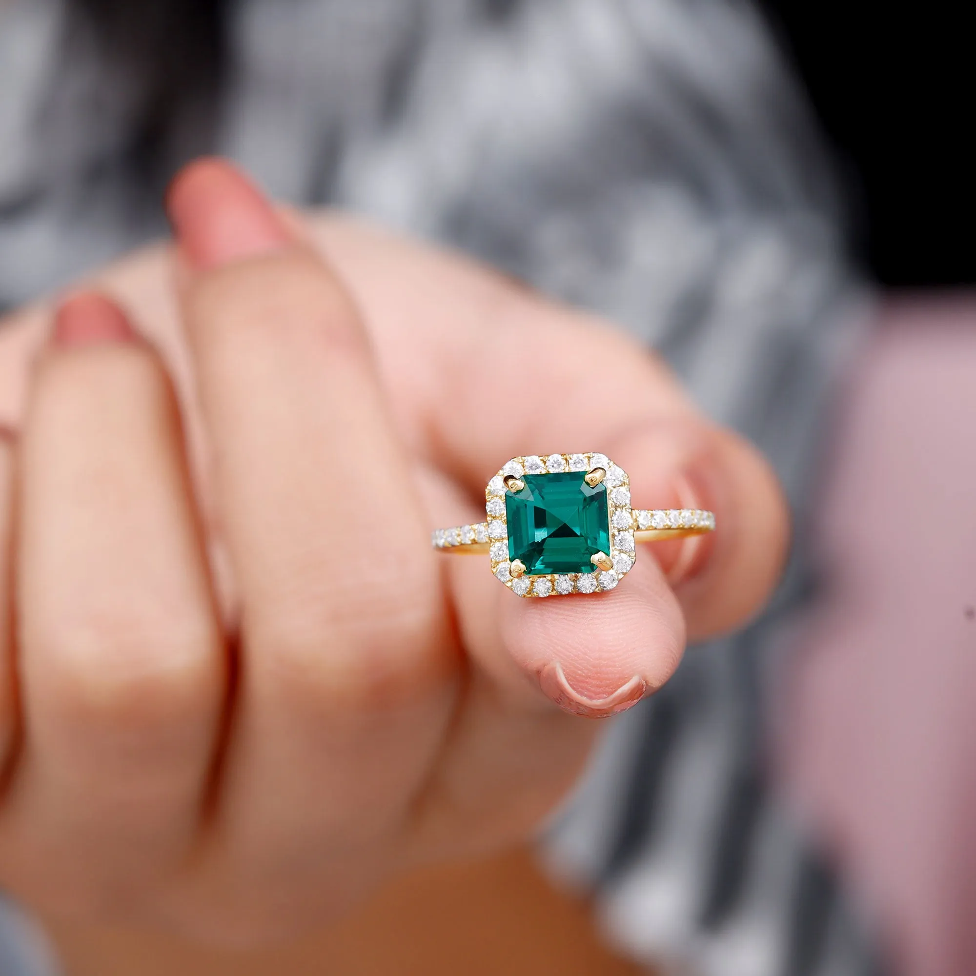 Asscher Cut Created Emerald Halo Engagement Ring with Diamond