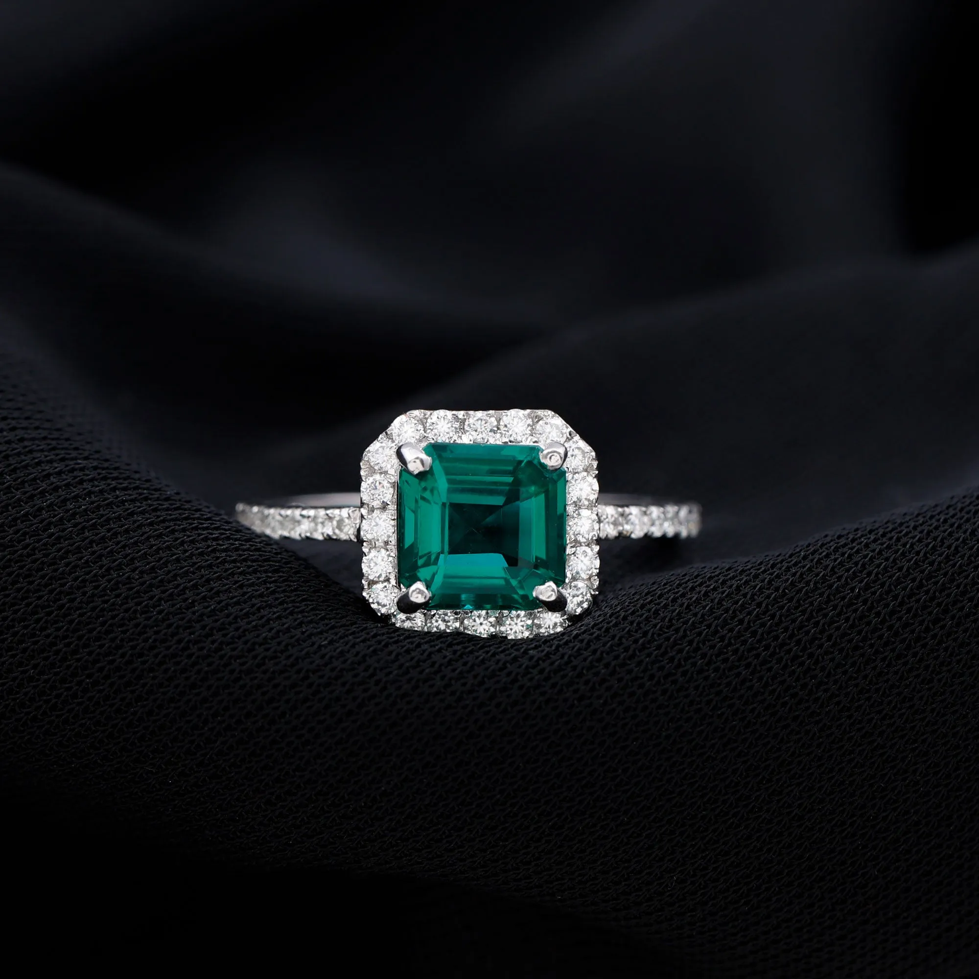 Asscher Cut Created Emerald Halo Engagement Ring with Diamond