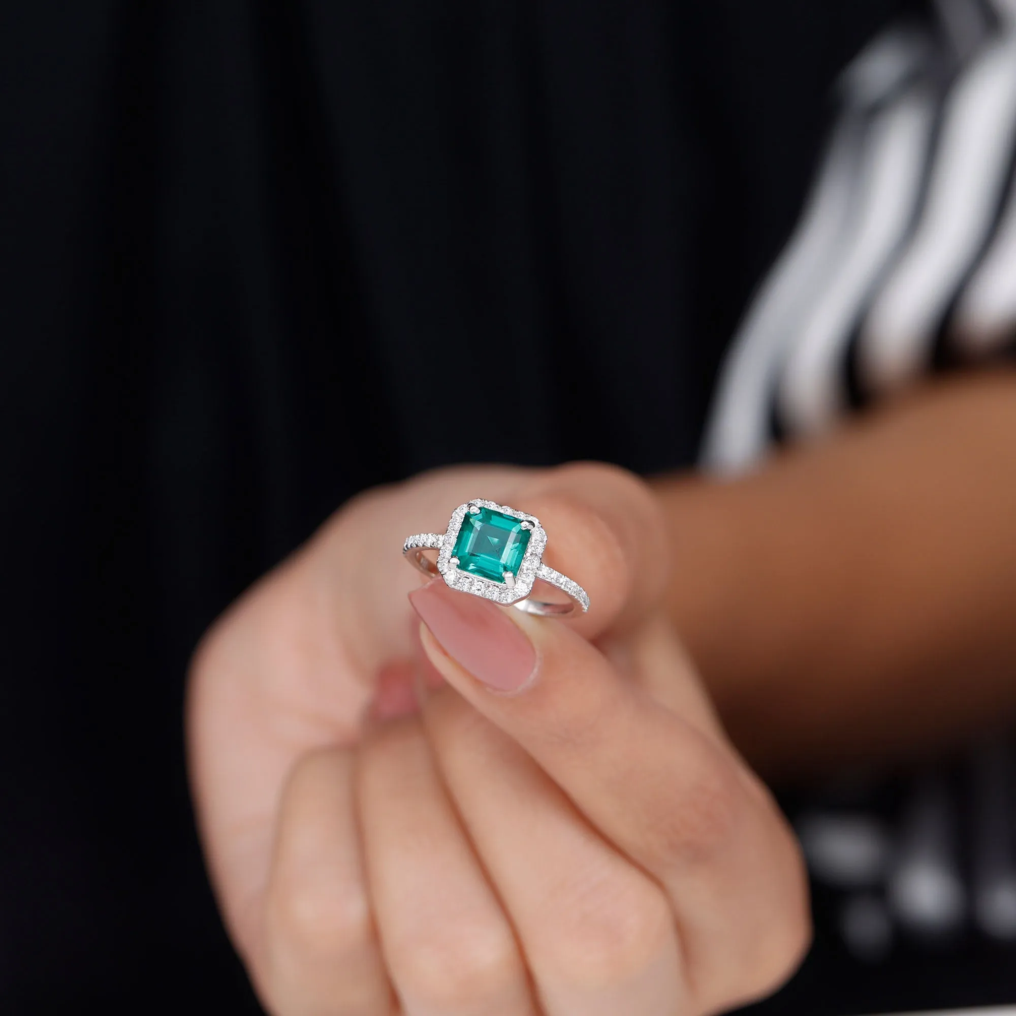 Asscher Cut Created Emerald Halo Engagement Ring with Diamond