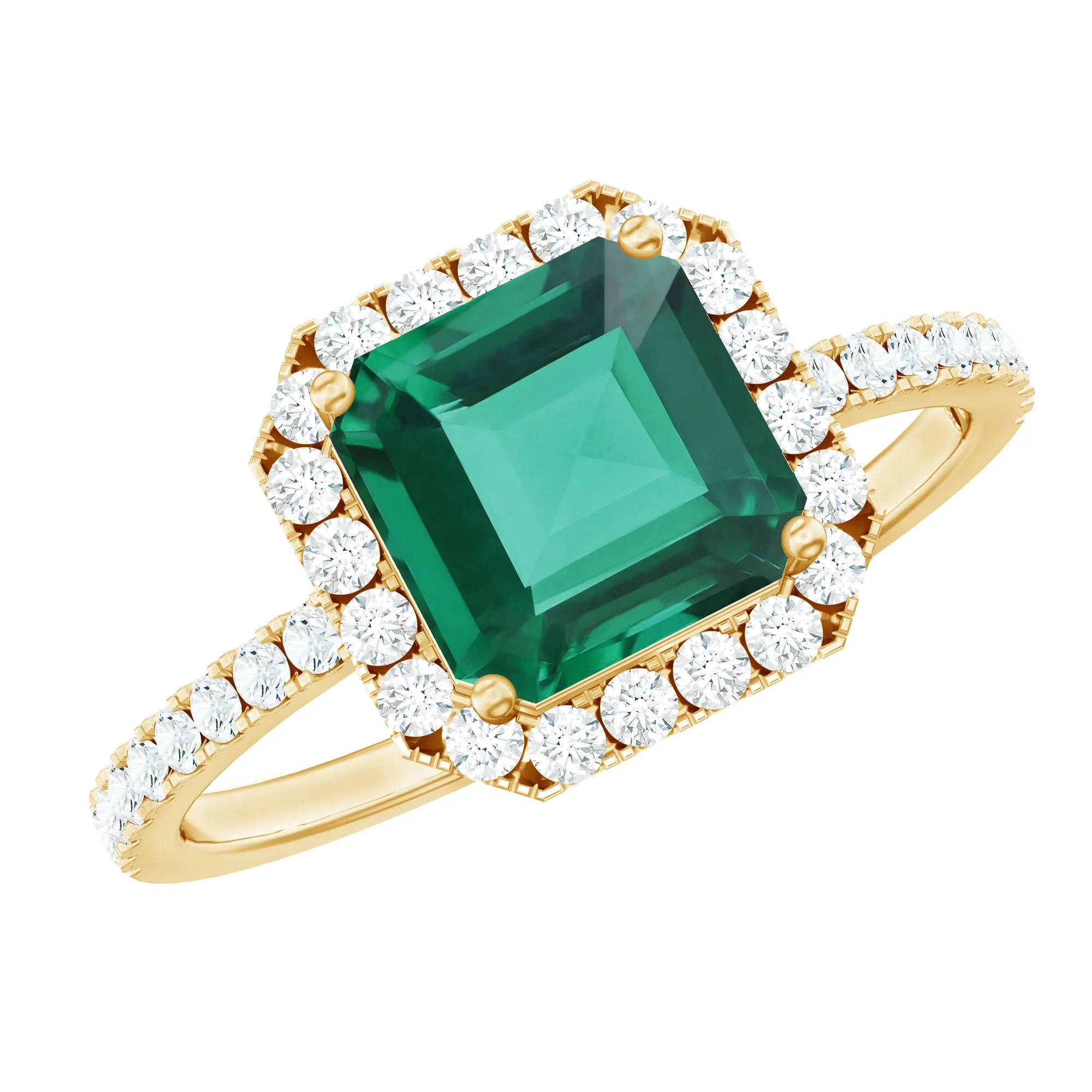 Asscher Cut Created Emerald Halo Engagement Ring with Diamond