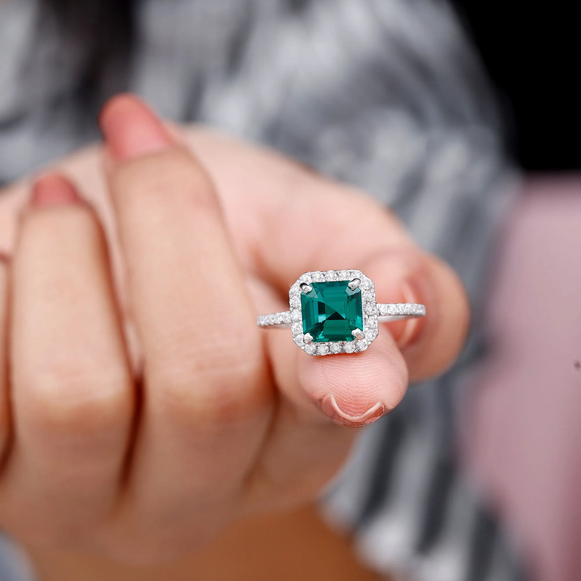 Asscher Cut Created Emerald Halo Engagement Ring with Diamond