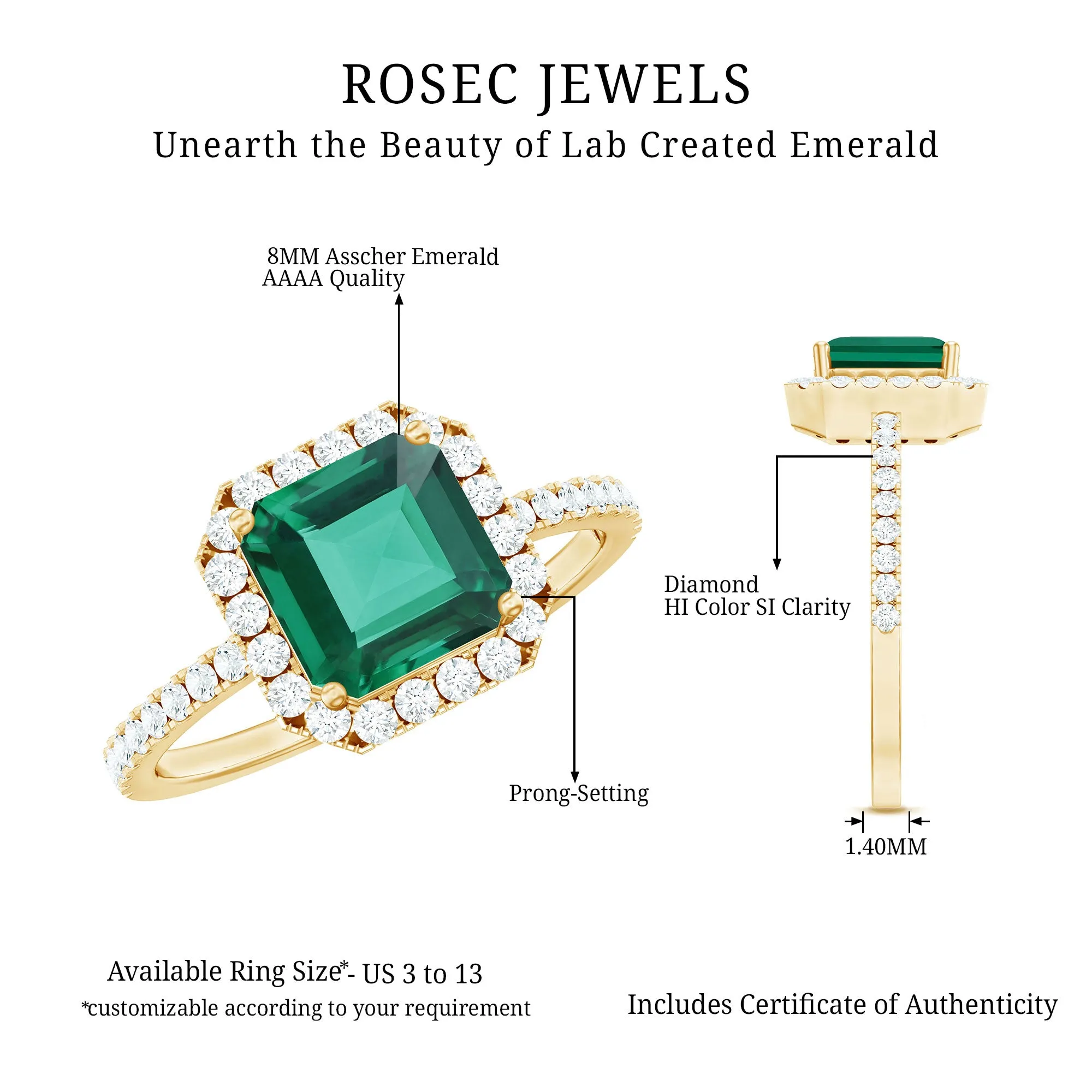 Asscher Cut Created Emerald Halo Engagement Ring with Diamond