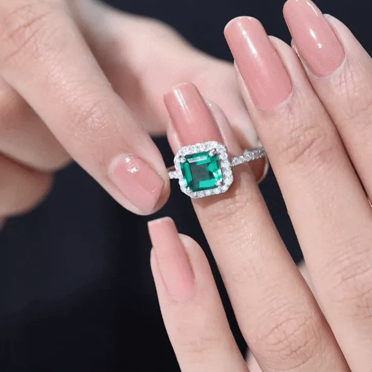 Asscher Cut Created Emerald Halo Engagement Ring with Diamond