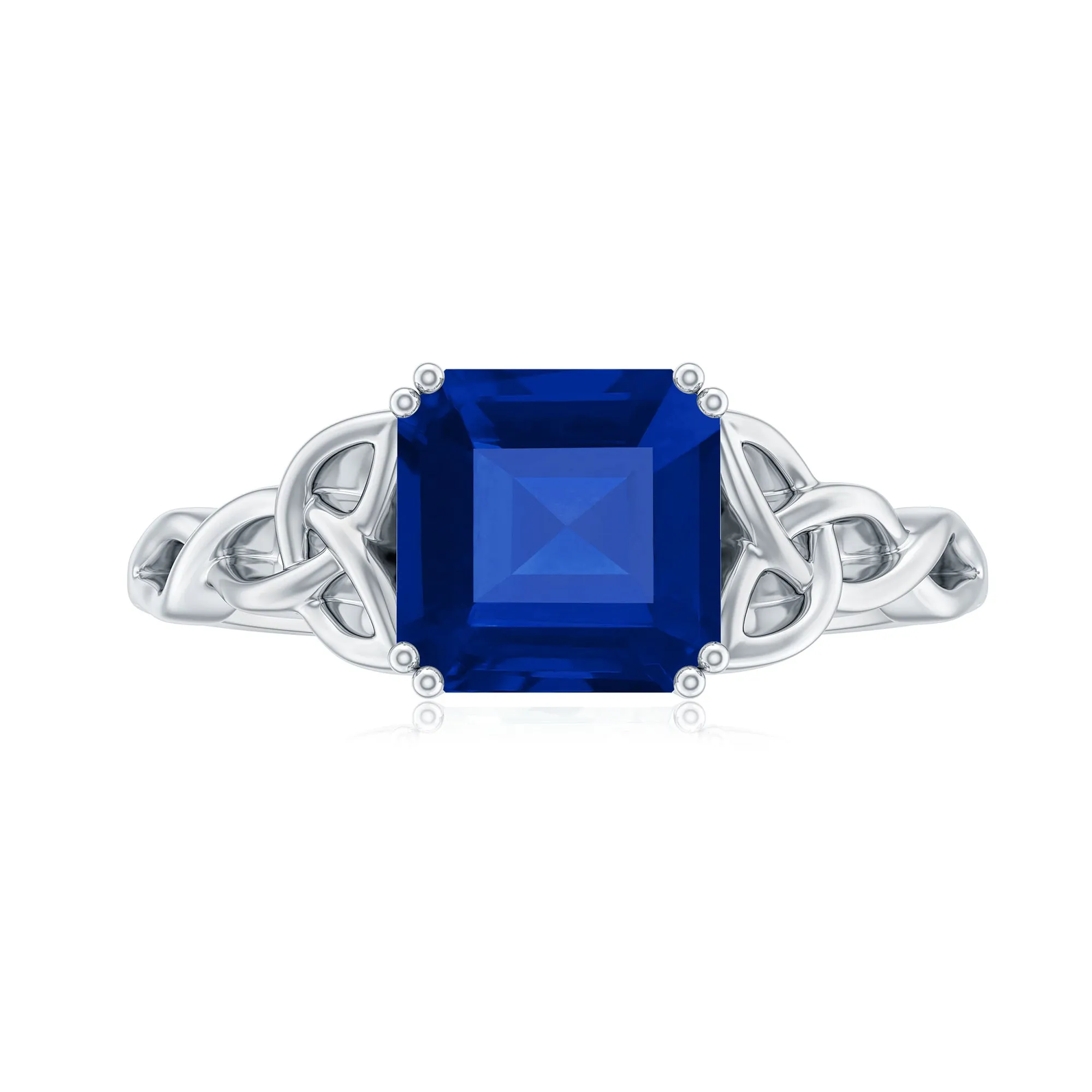 Asscher Cut Lab Grown Blue Sapphire Solitaire Celtic Knot Ring