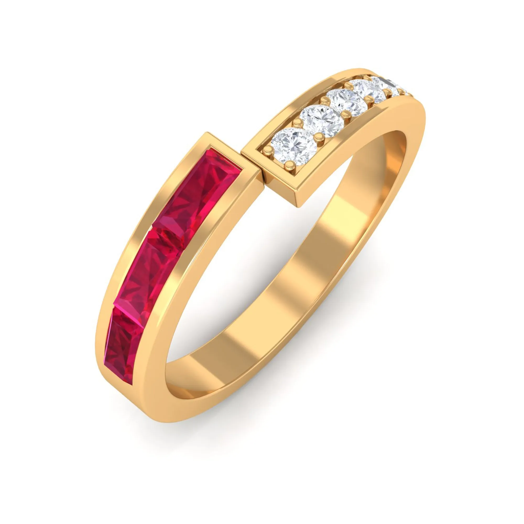 Baguette Cut Created Ruby and Diamond Designer Band Ring