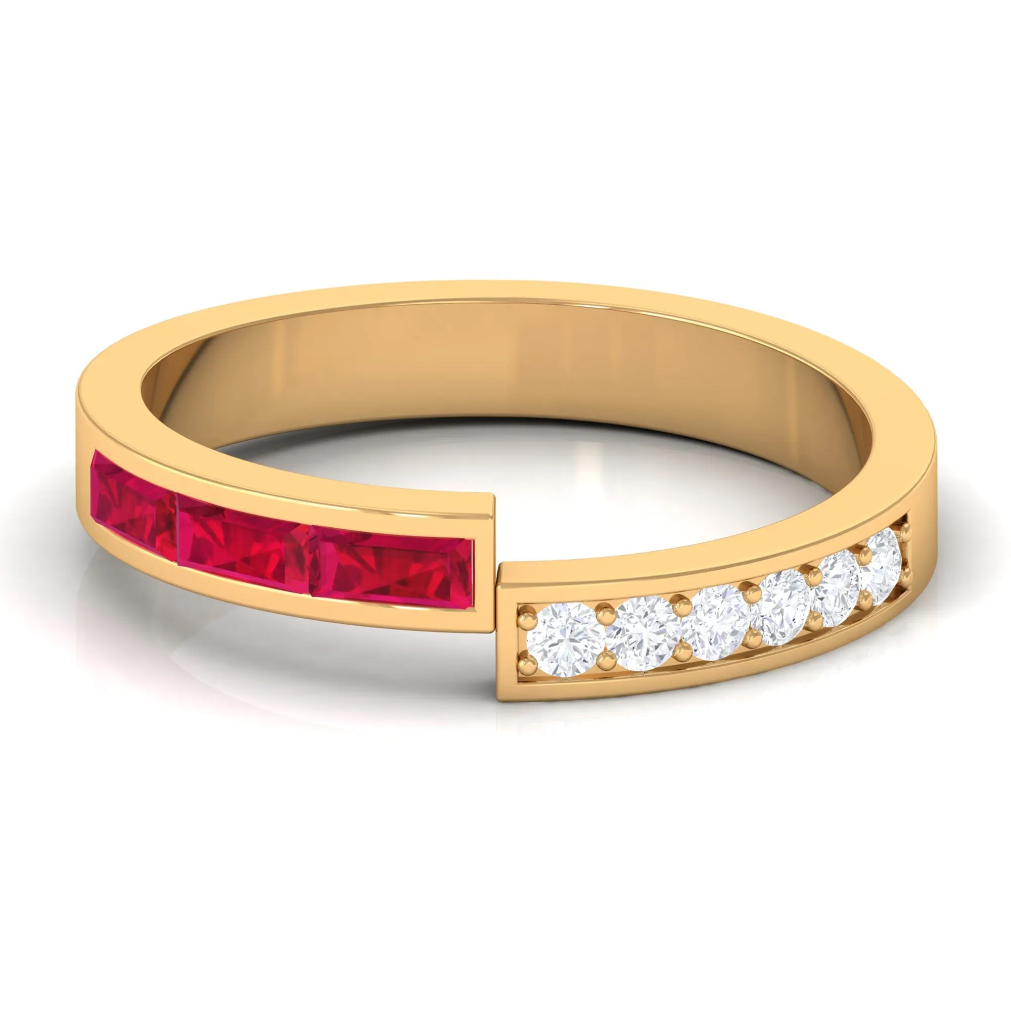 Baguette Cut Created Ruby and Diamond Designer Band Ring