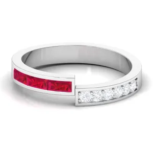 Baguette Cut Created Ruby and Diamond Designer Band Ring