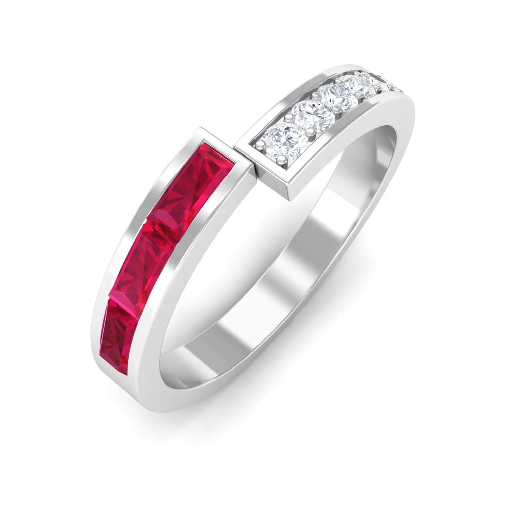 Baguette Cut Created Ruby and Diamond Designer Band Ring