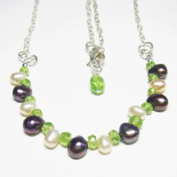 Black & Pink Pearl Peridot Silver Necklace