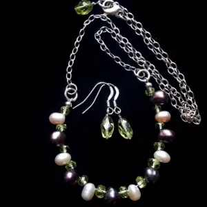 Black & Pink Pearl Peridot Silver Necklace