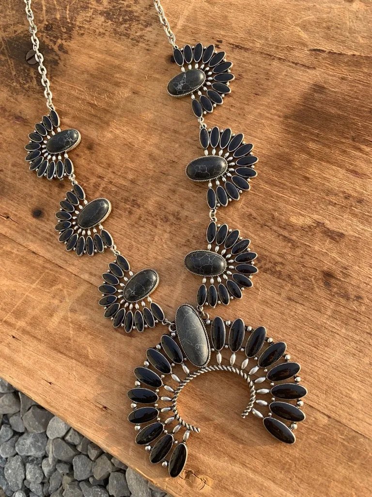 Black Floral Squash Blossom Necklace