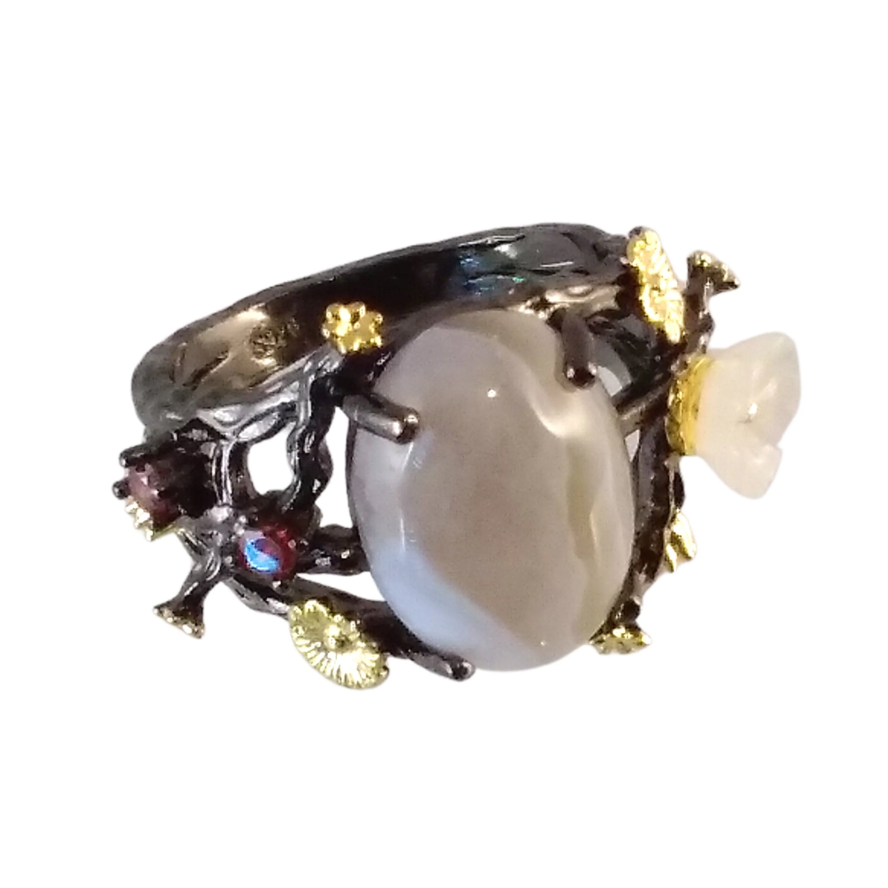 Black Gold Ring Plum Blossom With Agate