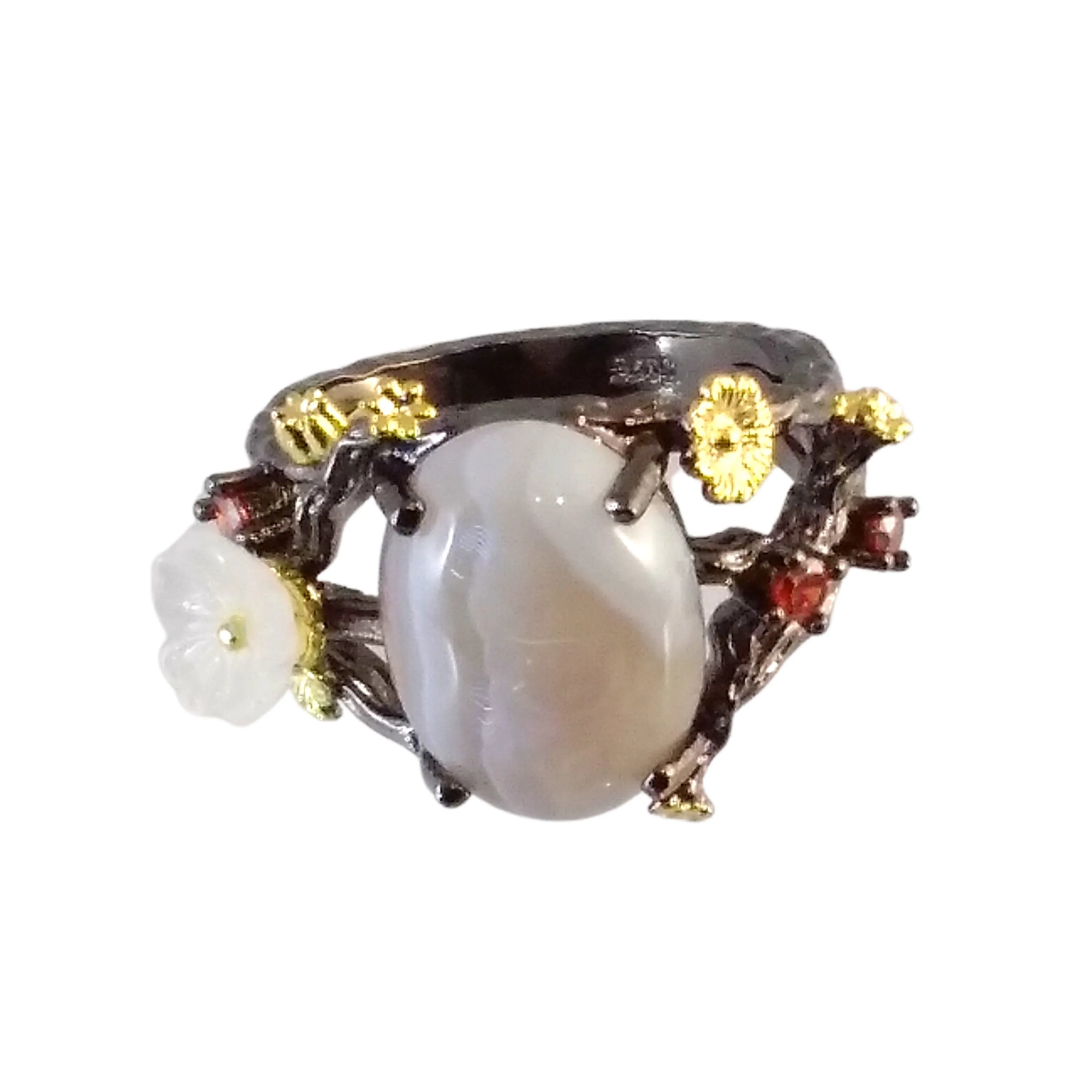 Black Gold Ring Plum Blossom With Agate