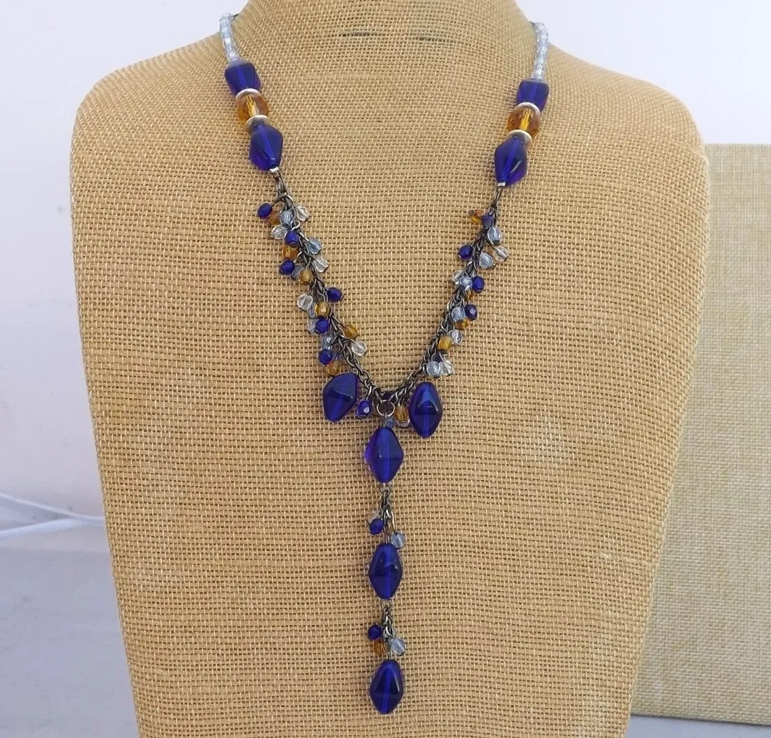 Blue, Amber & Gunmetal Grey Handmade Bead & Chain Necklace
