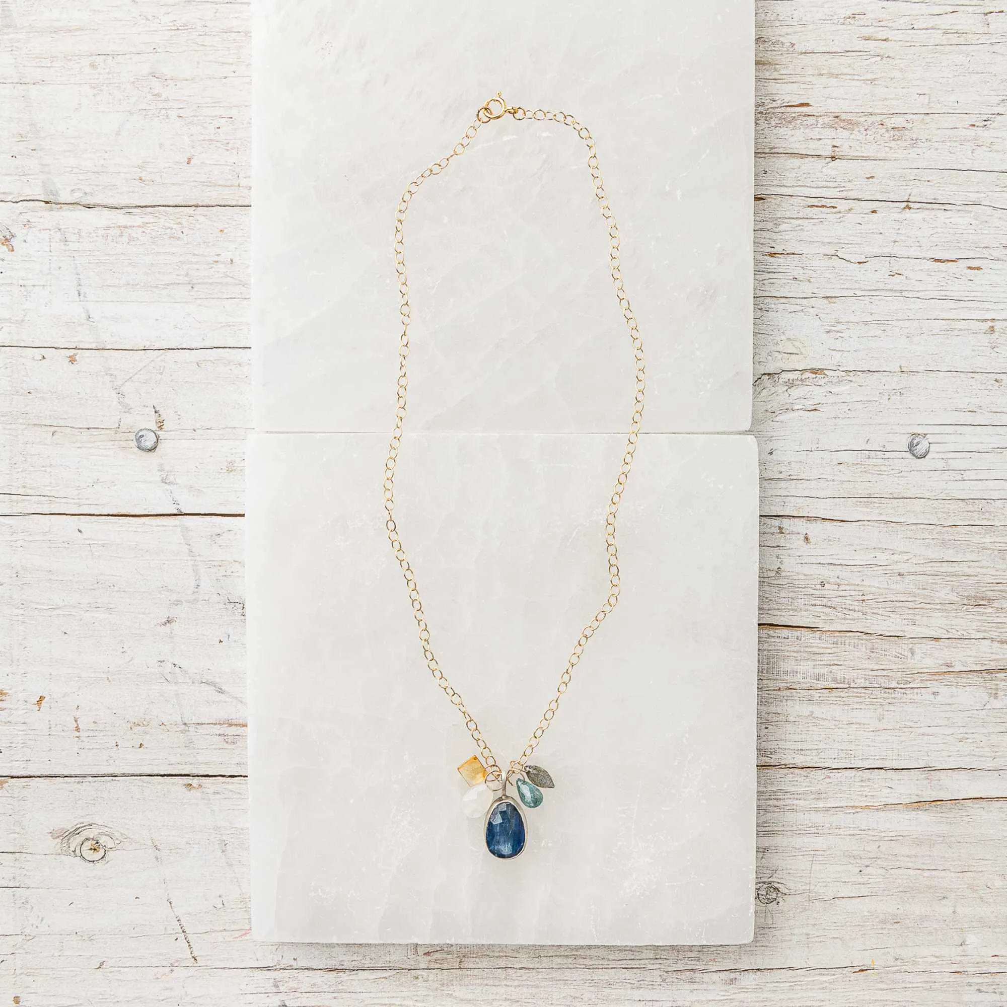 Blue Kyanite Drop Necklace with Gemstone Charms