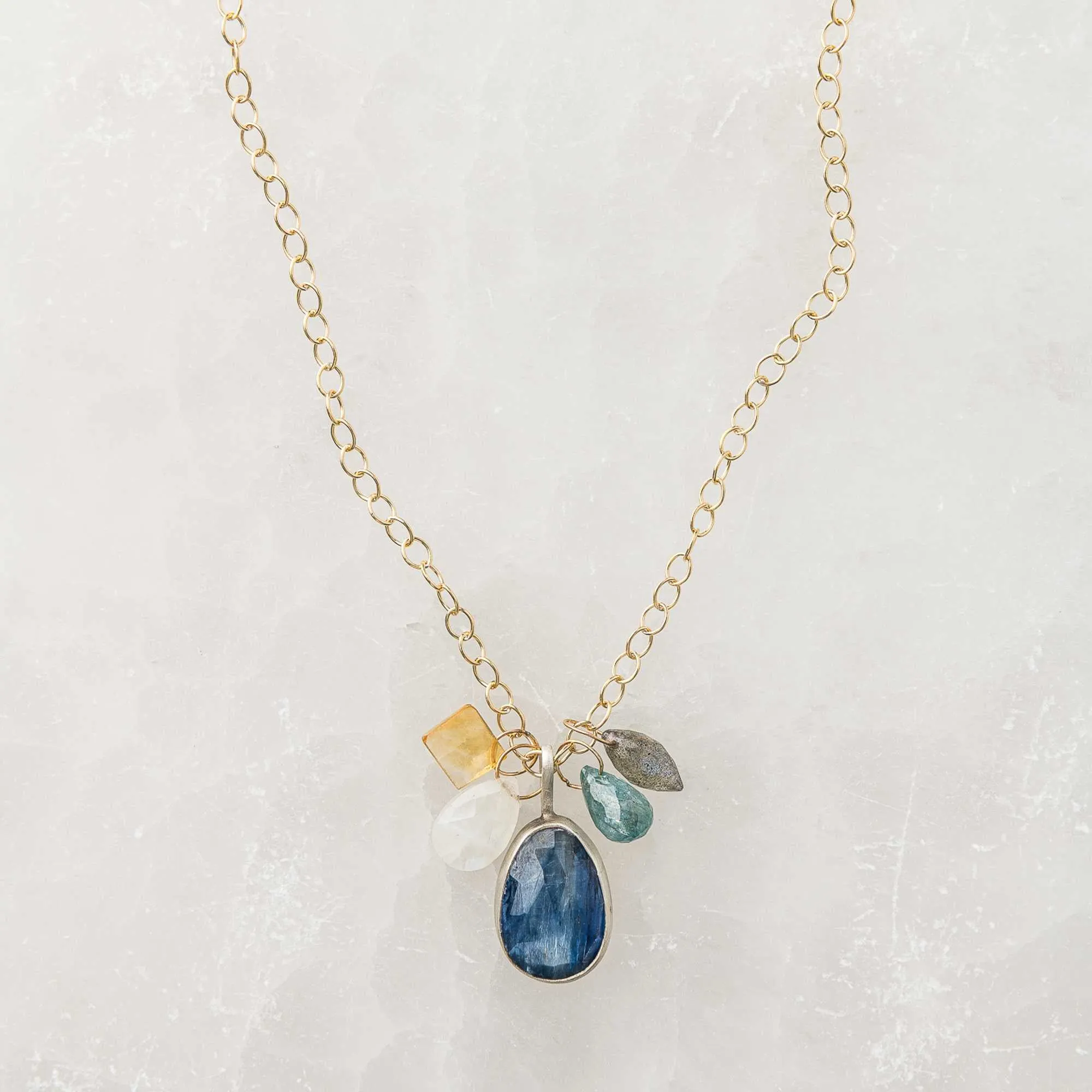 Blue Kyanite Drop Necklace with Gemstone Charms
