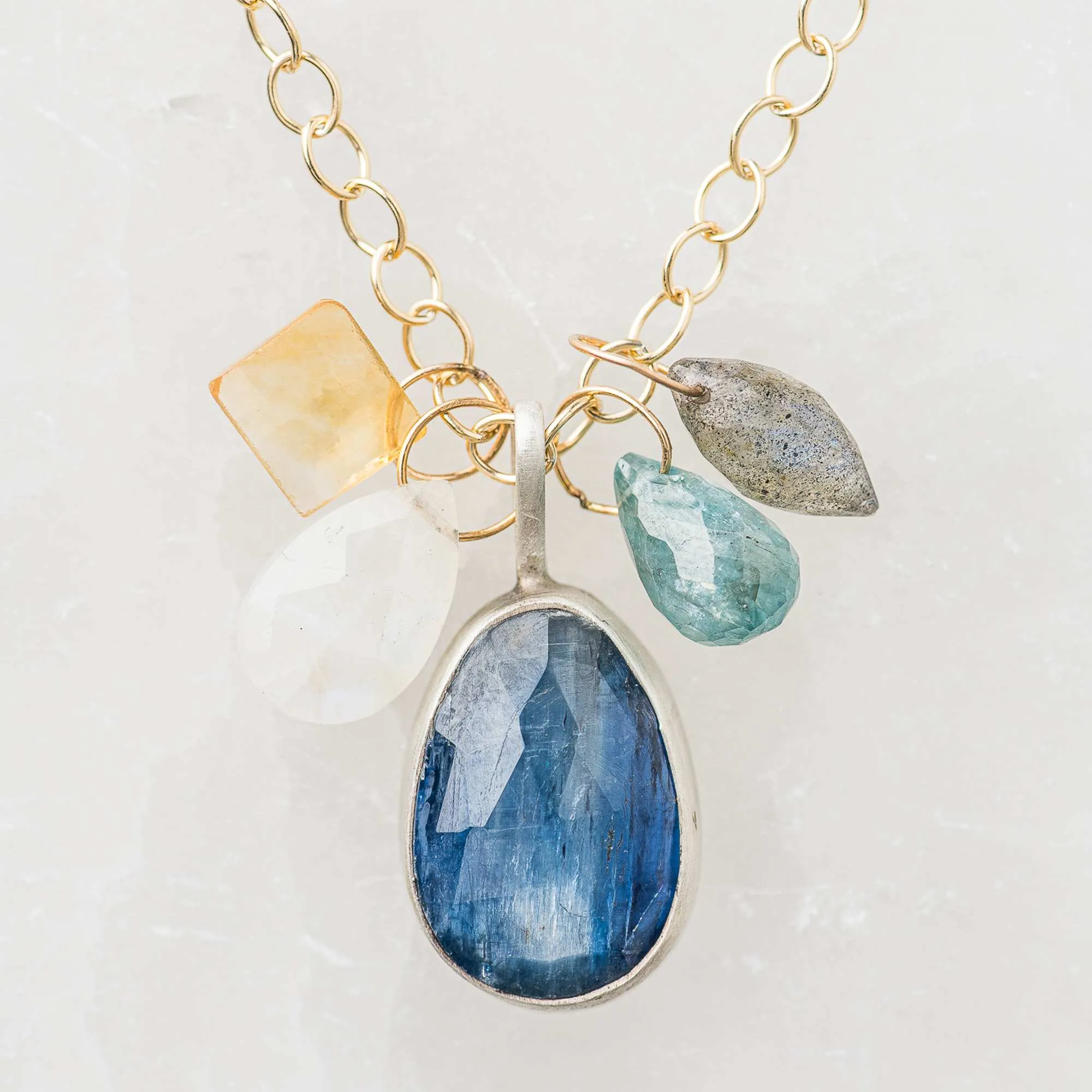 Blue Kyanite Drop Necklace with Gemstone Charms