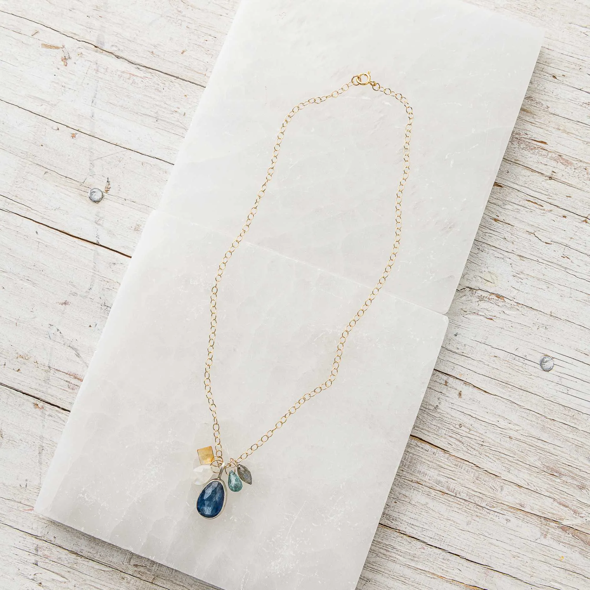 Blue Kyanite Drop Necklace with Gemstone Charms