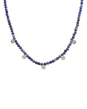 Blue Lapis Gemstone & Five diamonds Necklace - 14K Rose Gold